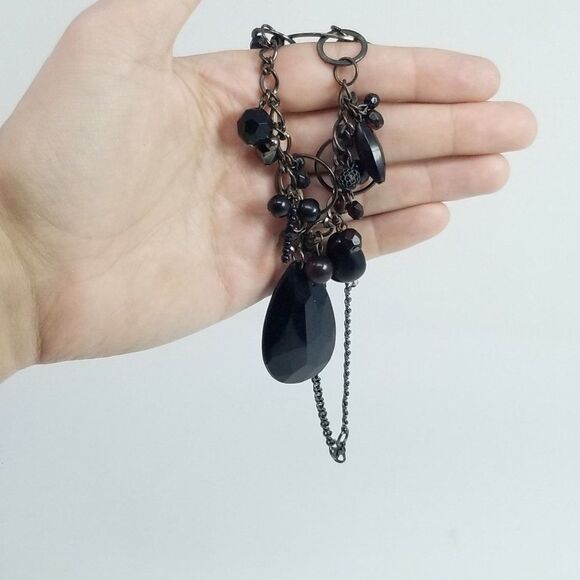 Vintage Black Beaded Chain Necklace, Drop Shape Pendant, Statment Moody Estate - Picture 3 of 5